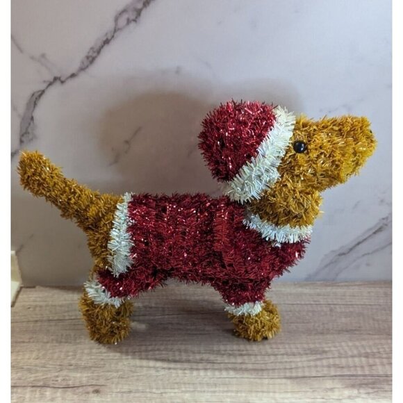 Festive Tinsel Dog With Santa Outfit Christmas Decoration - Picture 1 of 11